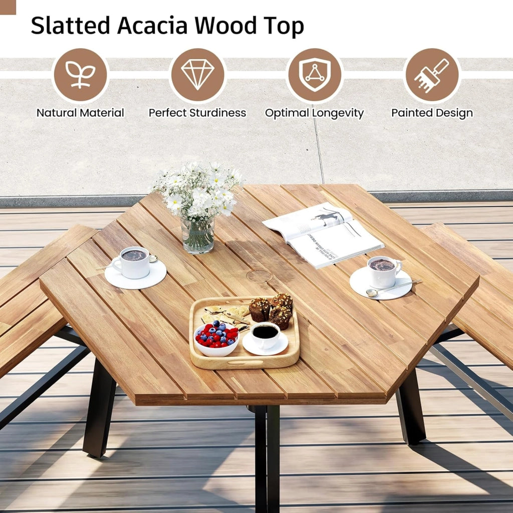 Tavolo da Picnic per 6 Persone, Tavolo da Giardino in Legno di Acacia con Foro per Ombrellone e 3 Panche Integrate, Set da Pranzo Resistente alle Intemperie per Terrazza, Cortile, Giardino