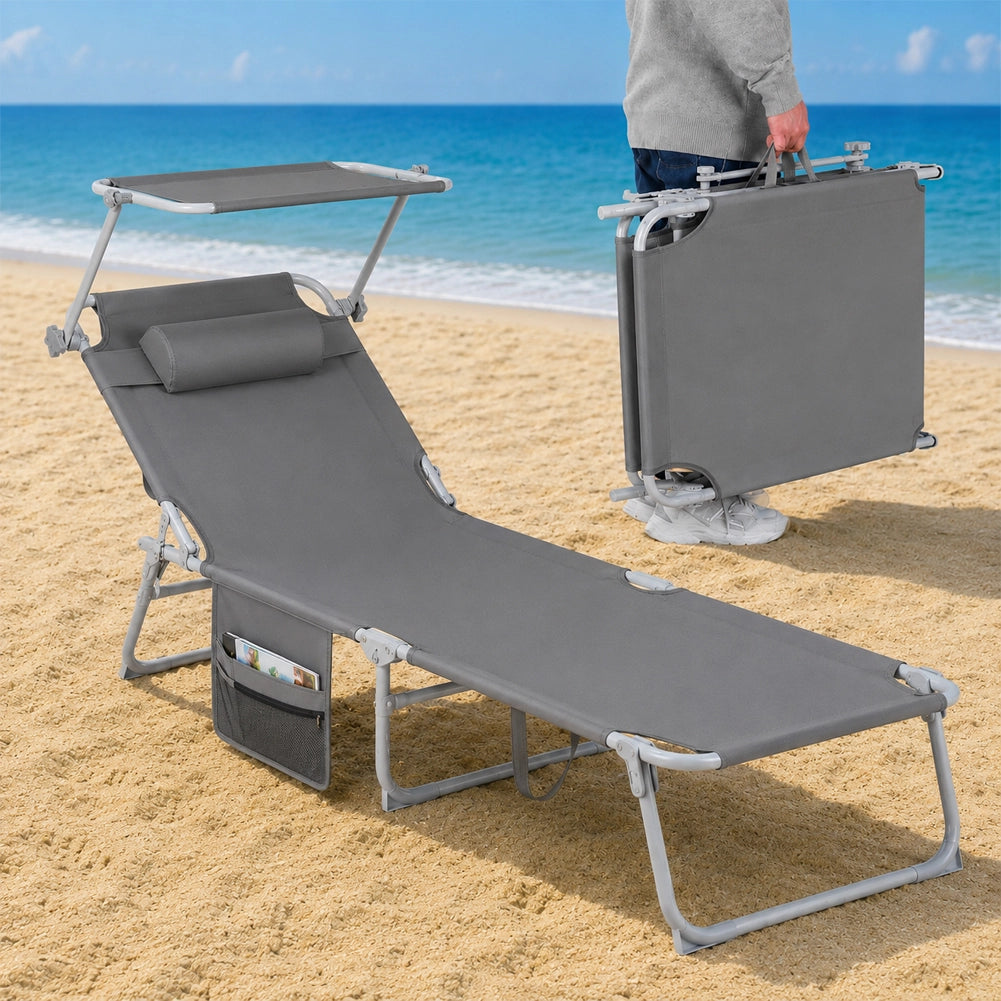 Lettino Pieghevole da Spiaggia Esterno Piscina Grigio Sdraio da Mare con Parasole