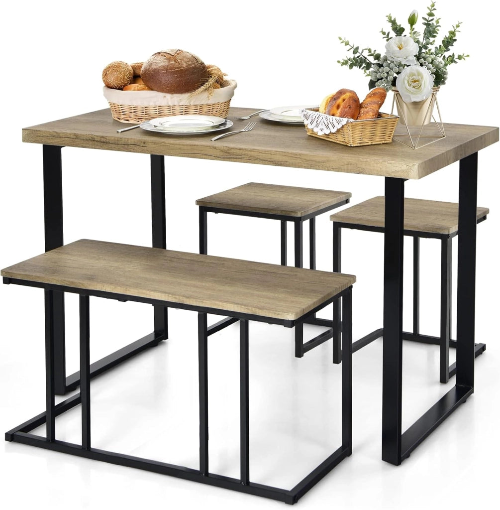 Set di Tavolo da Pranzo da 4 Pezzi, Tavolo da Cucina con Panca e 2 Sgabelli, Set di Mobili Salvaspazio con Struttura in Metallo per Cucina, Sala da Pranzo e Ristorante