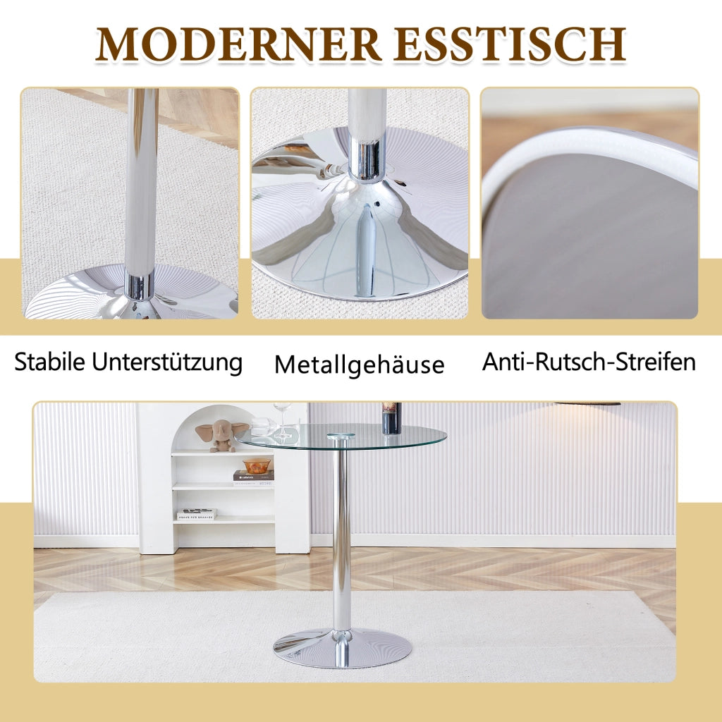 Tavolo da pranzo rotondo in vetro con 2 sgabelli regolabili e girevoli, per cucina, bar e lounge moderne, 89 cm
