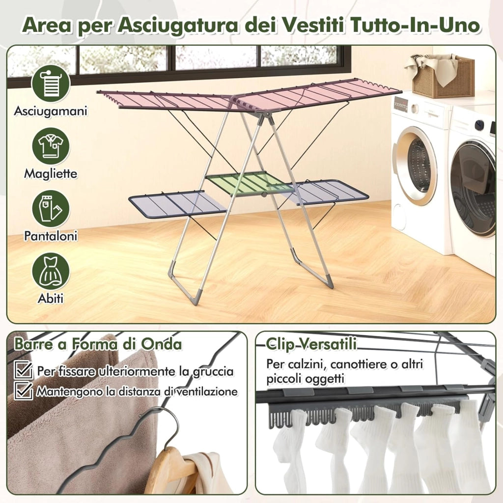 Stendibiancheria da Pavimento a 2 Piani Pieghevole con Ali Regolibili, Stendino in Acciaio Inox con Antiscivolo, Stendi Biancheria Salvaspazio per Interno ed Esterno, 141 x 58 x 130 cm, Grigio