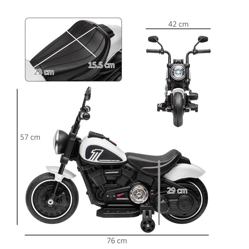 MOTO ELETTRICA PER BAMBINI 18-36 MESI CON ROTELLE E FANALE, 76X42X57 CM, BIANCO E NERO