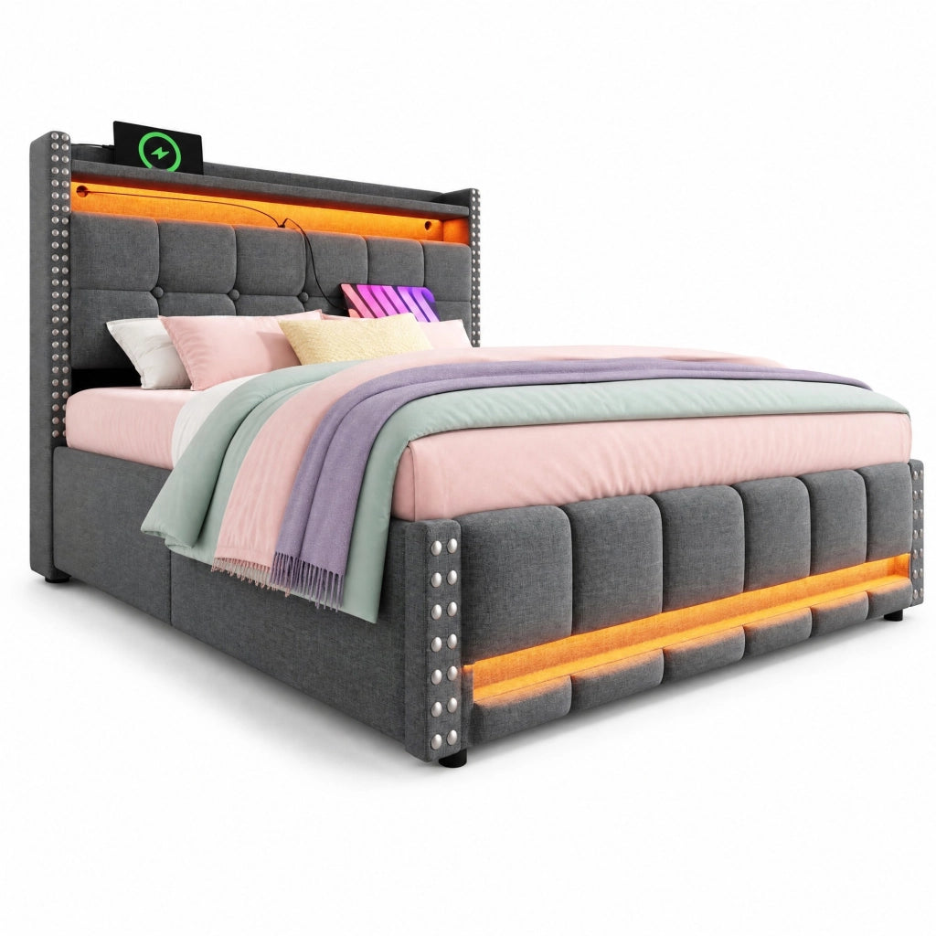 Letto matrimoniale imbottito 140x200 cm in tessuto grigio con LED; USB e contenitore