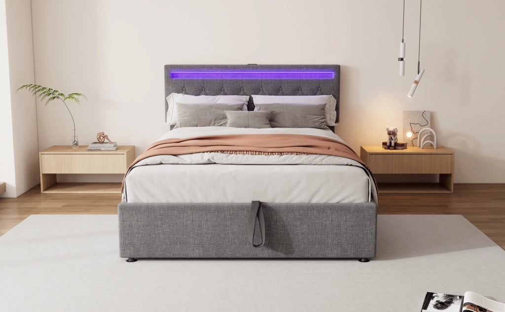 DESMIU Letto contenitore 140 × 200 cm 2 posti con LED, USB e Type-C, senza materasso, in lino e MDF, grigio