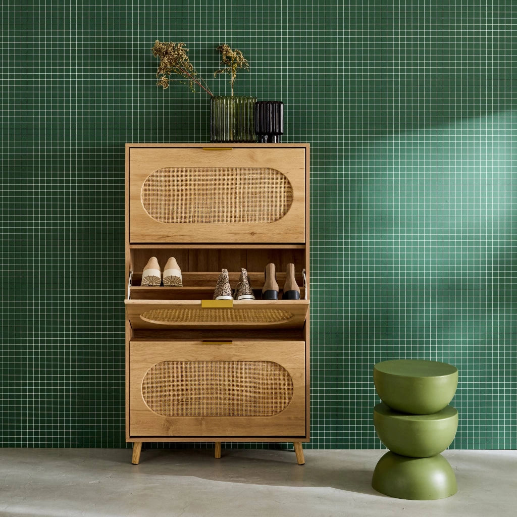 Scarpiera con decoro in legno e canna, 3 ante, marrone naturale