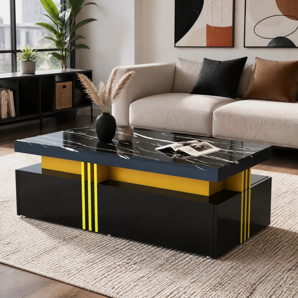 Tavolino da caff¨¨ rettangolare moderno nero con piano effetto marmo, 2 cassetti e struttura in truciolare, 100 x 50 x 40 cm