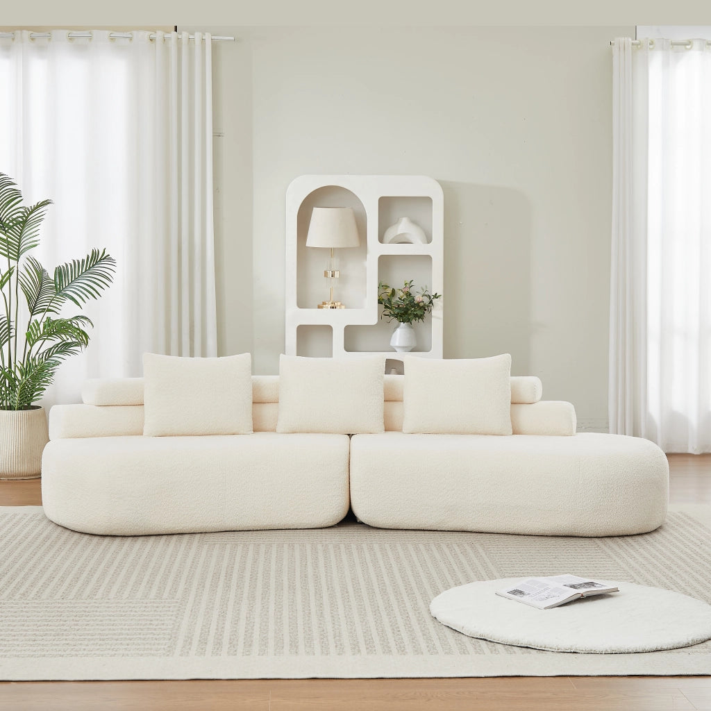 Divano modulare a due moduli curvi segmentati senza braccioli con 3 cuscini schienale per salotto in ciniglia beige