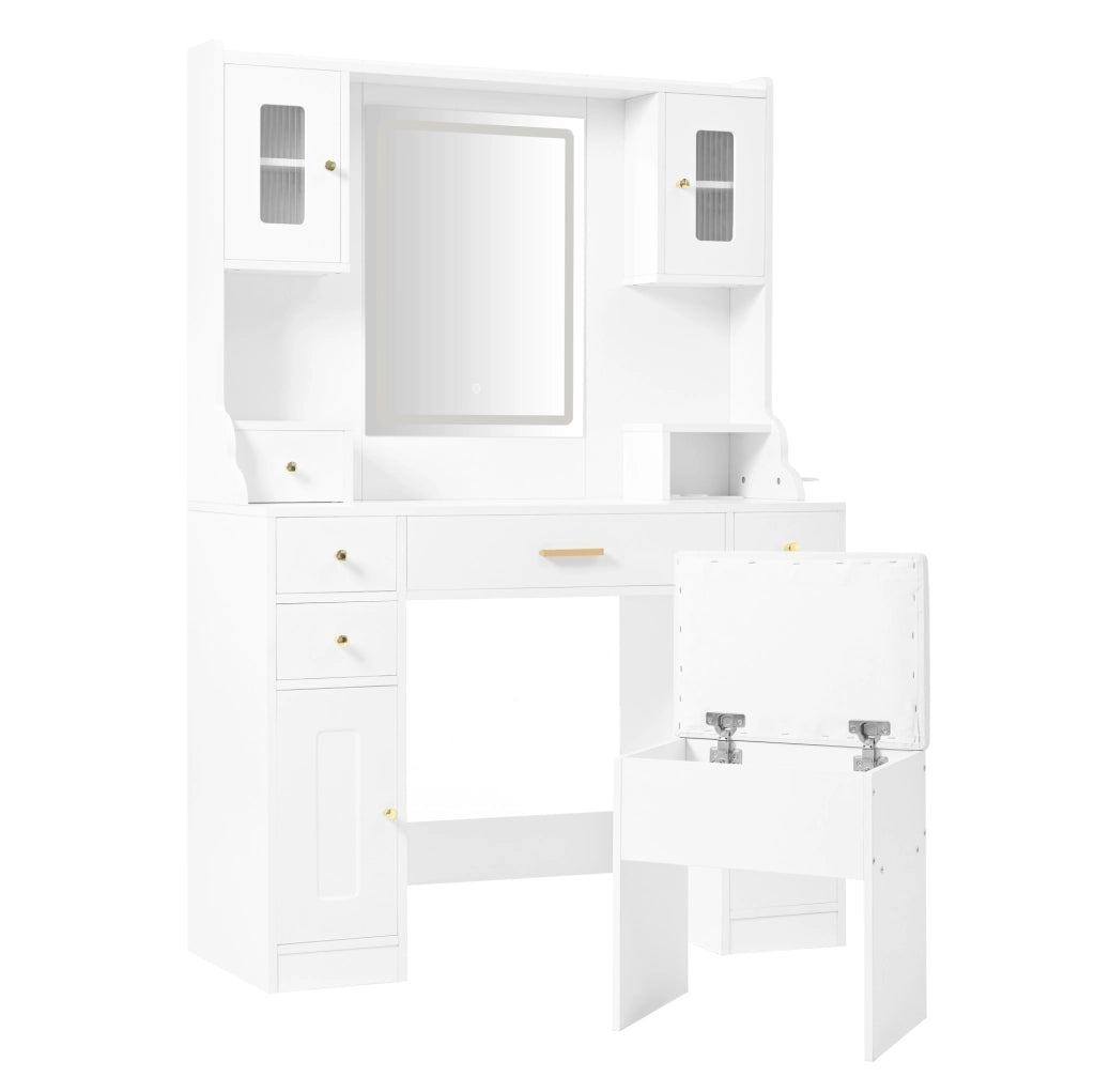 Toeletta con specchio illuminato; 6 cassetti; 4 ante e prese integrate; 105×152×40 cm; bianca