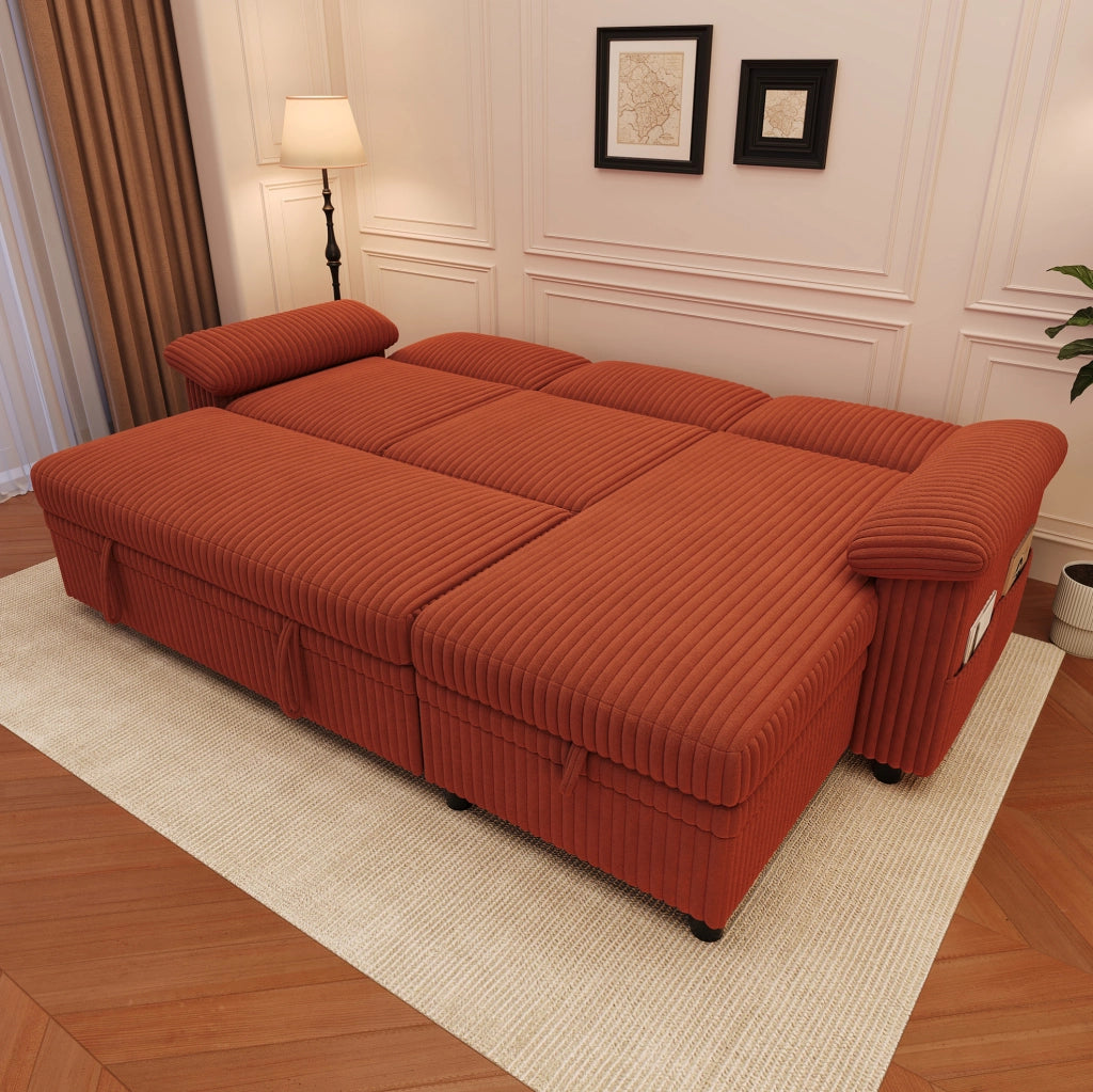 Divano angolare a L con letto estraibile; 212x150 cm; in corduroy arancione