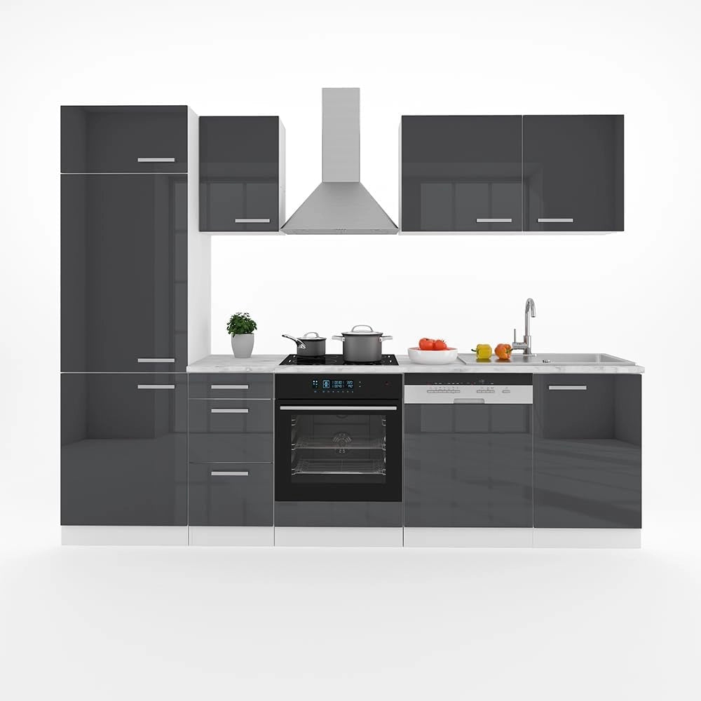 Cucina componibile Optima, Antracite lucido/bianco, 270 cm senza piano di lavoro, adatto per disposizione e ampliamento personalizzati