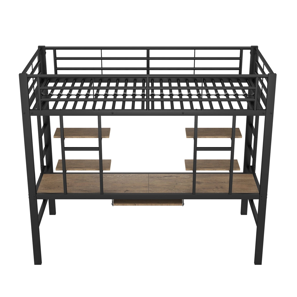 Letto a Soppalco Singolo con Scrivania; 2 Scaffali e Scala 90×200 cm; senza Materasso; Metallo; Nero