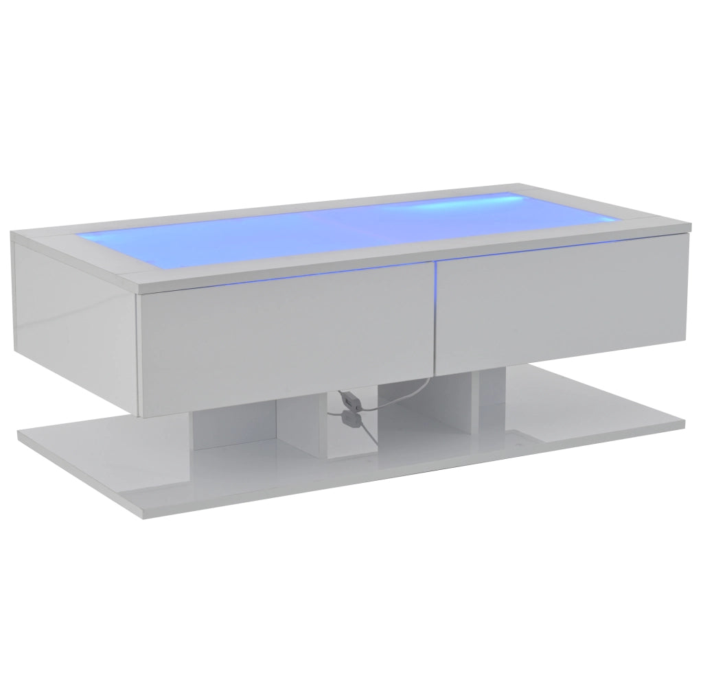 Tavolino da salotto 100x50x35 cm; 2 cassetti con LED e piano in vetro temperato; truciolare bianco