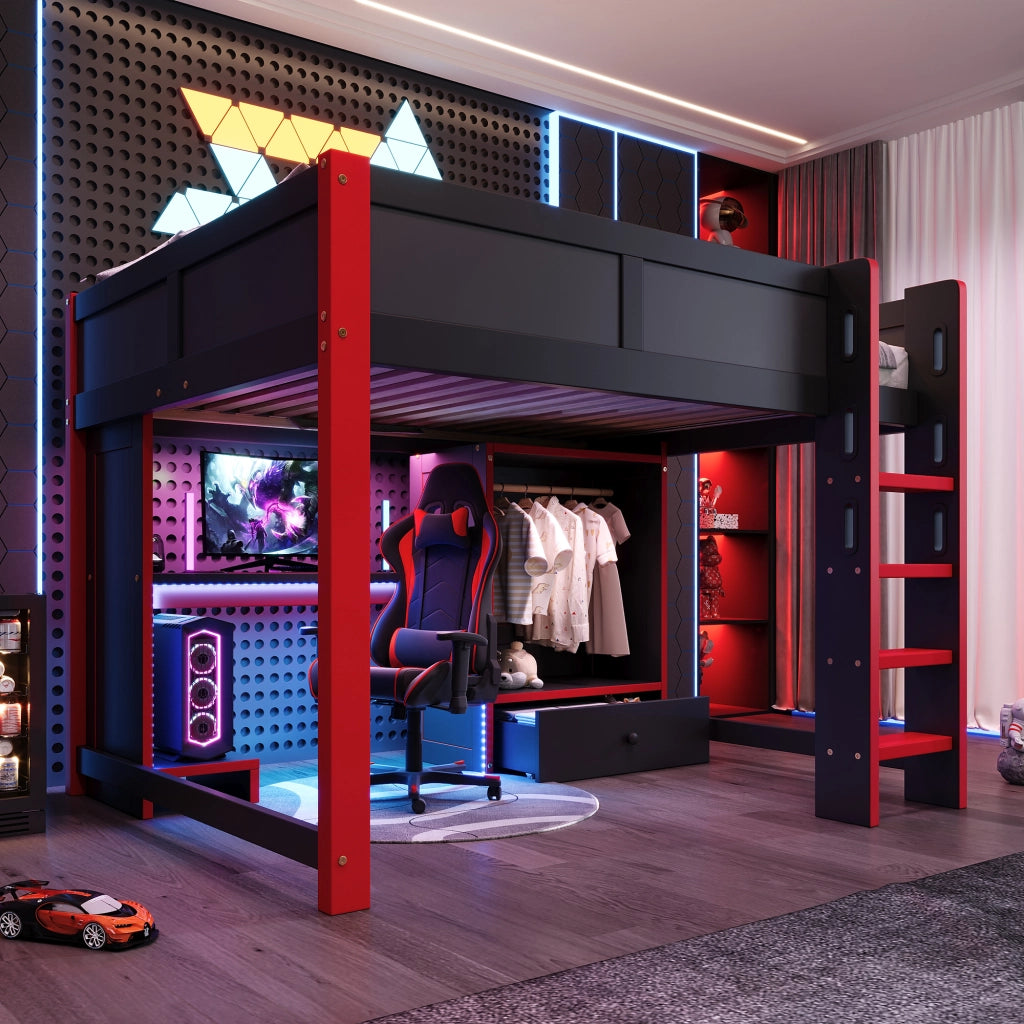 Letto a castello nero rosso con illuminazione LED in pino 140x200 cm