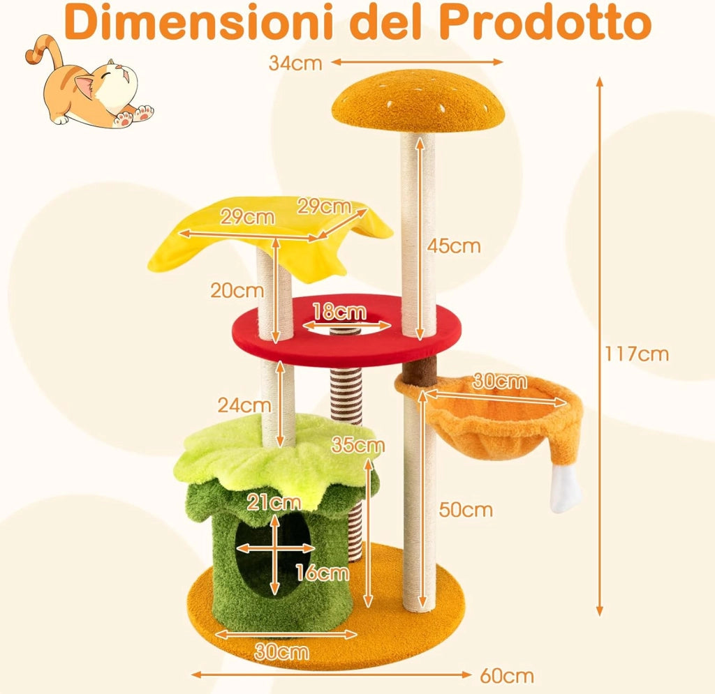 Albero per Gatti 117 cm, Tiragraffi per Gatti a Tema Hamburger con Letto a Cestino Sospeso, Condominio, Trespolo Imbottito, Tiragraffi in Sisal, Cuscini Peluche e Giocattolo Sospeso