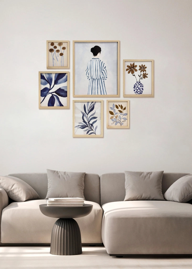 Set 6 stampe Hispanohogar incorniciati botaniche blu e beige 50x40