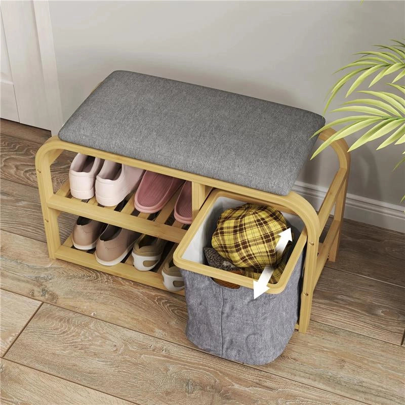 PANCA SCARPIERA DA INGRESSO CON SEDUTA IMBOTTITA DESIGN A DOGHE E CESTINO ESTRAIBILE 70X30X45 CM LEGNO