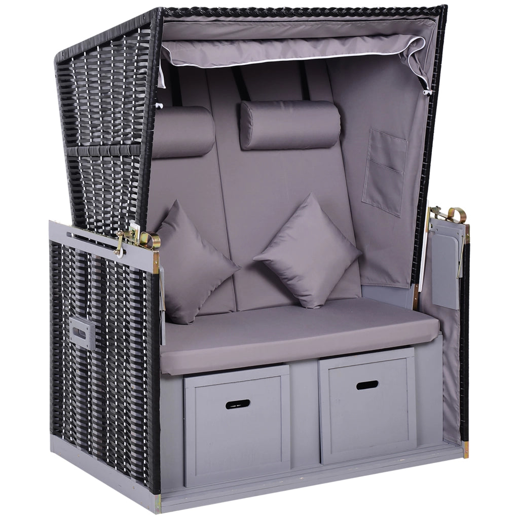 Doppia sdraio da giardino in rattan PE con tetto protettivo e porta bicchieri integrato colore grigio design moderno compatto e resistente