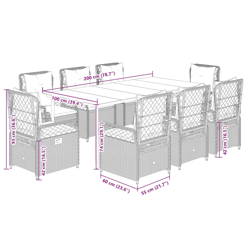 Set Pranzo da Giardino 9pz con Cuscini Grigio Chiaro Polyrattan
