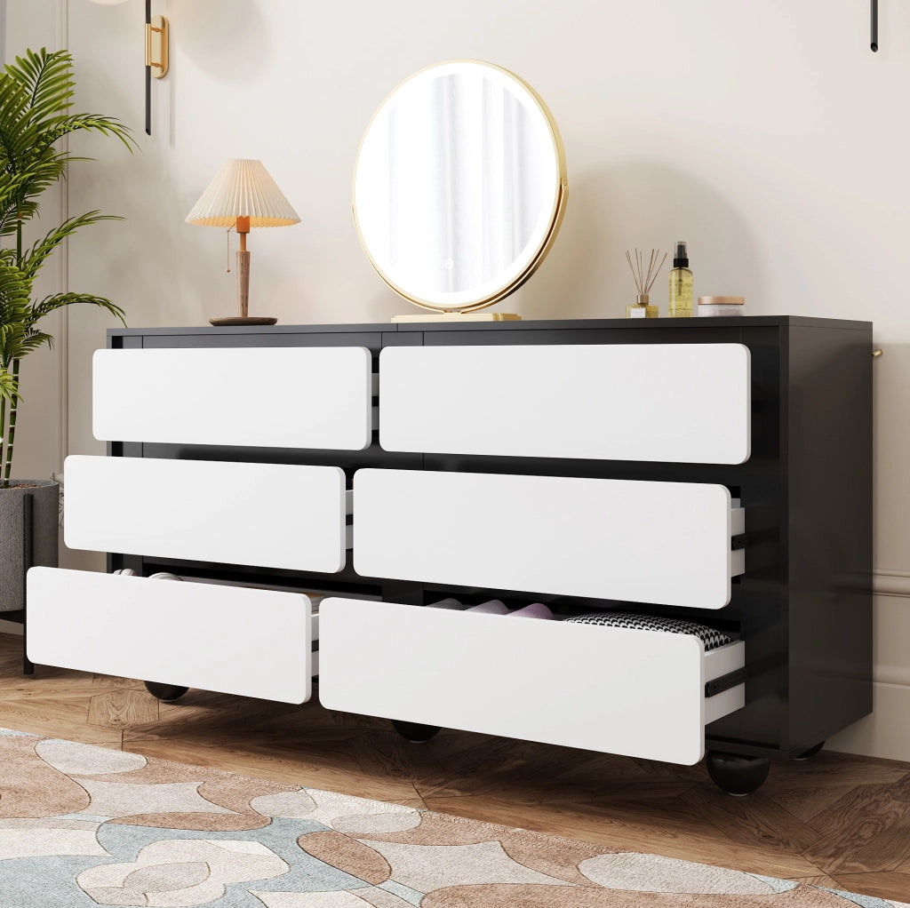 Madia moderna 140x38x74;5 cm in truciolare bianco e nero con sei cassetti