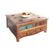 Tavolino basso PATCHWOOD quadrato 70 cm in legno riciclato multicolore con cassetti e baule