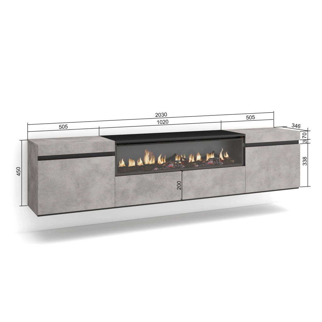 Mobile TV, 200x35x45cm, soggiorno, Per TV fino a 80", Camino elettrico, da appendere, grigio cemento RF2225