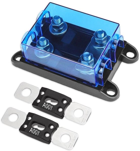 Zekeringhouder a doppia via – 12V/48V – Sicuro e affidabile – Incluso 2 zecchini di 100A – Adatto per auto e camion