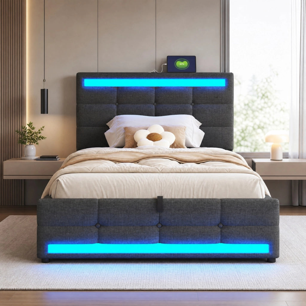 Letto imbottito 90x200 cm con luci LED RGB, porte USB, testiera regolabile e struttura salvaspazio, grigio