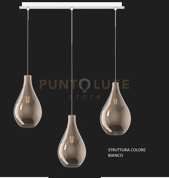 SOSPENSIONE BIANCO 3 LUCI RETTANGOLARE VETRI (1 MEDIO+2 PICCOLI) TUTTI BRONZO 1193BI-S3 RPM-BR