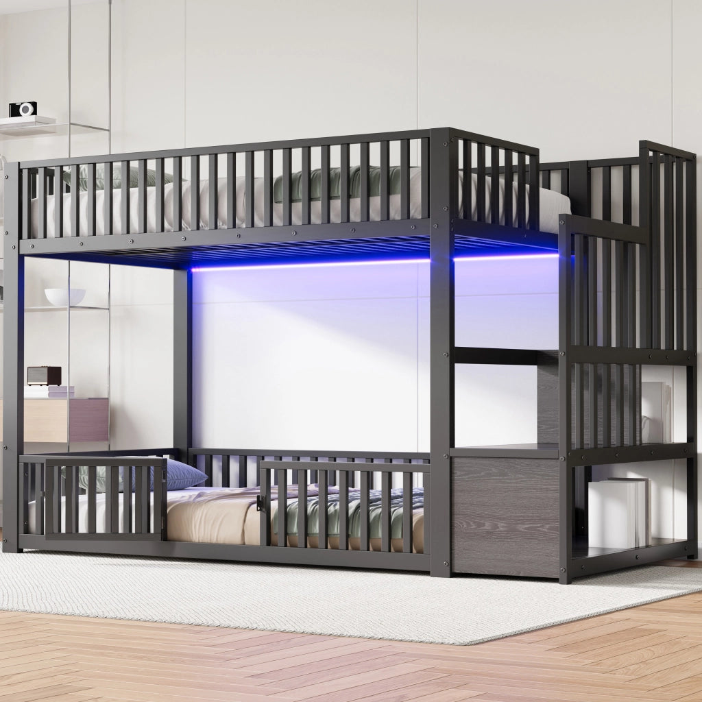 Letto a castello 90x200 cm con scala contenitore e LED, Nero