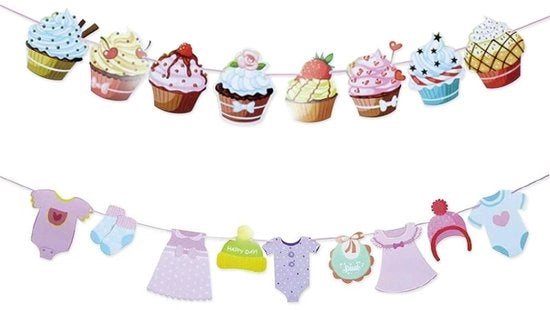 Set di decorazioni per feste di 2 - Slinghi di carta - Abbigliamento per neonati/ Cupcake - Svelamento del sesso - Festa per l'arrivo del bambino - Preinstallato