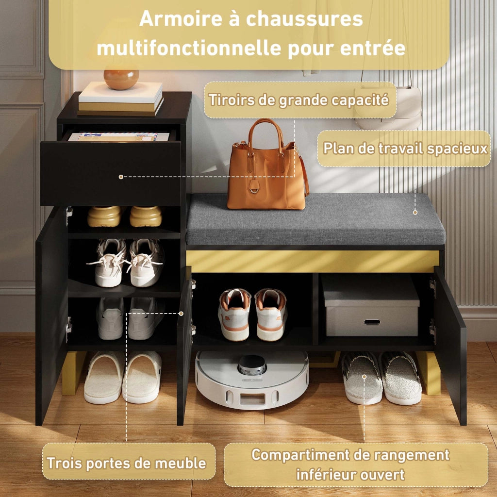 Mobile Porta Scarpe con 2 Ante e 1 Cassetto; Panca Porta Scarpe con Cuscino; Finitura Lucida; in MDF; Nero; 120×35×85 cm