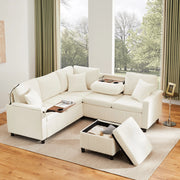 Divano angolare convertibile con letto estraibile, lampada da lettura e pouf contenitore in chenille beige 205 × 205 × 85 cm