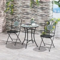 Set da Giardino 3 Pezzi con Mosaico, Tavolino e 2 Sedie Pieghevoli, Verde