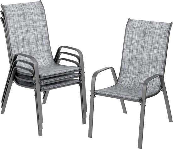 Set di 4 sedie per giardino - Metalliche - Stoccabili - Resistenti alle intemperie - Piume di tessuto ad alta efficienza - Adatte per terrazza - e balcone - Comode e rilassanti - Capacità di carico 150 kg - Grigio