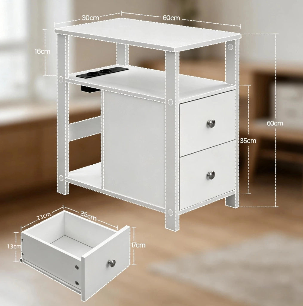 Tavolino laterale stretto bianco con prese elettriche e USB, 60x60x30 cm