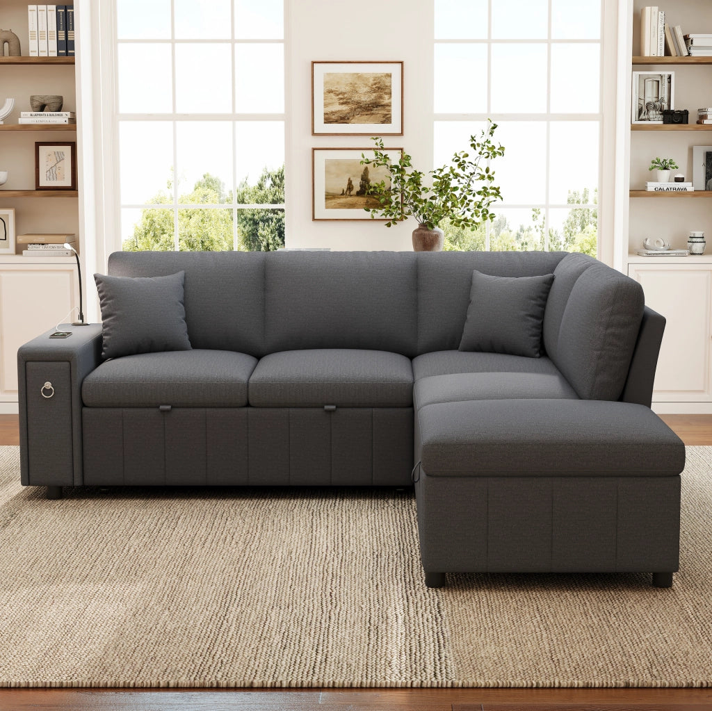Divano angolare modulare 5 posti con letto estraibile; pouf contenitore; USB e Type-C; grigio