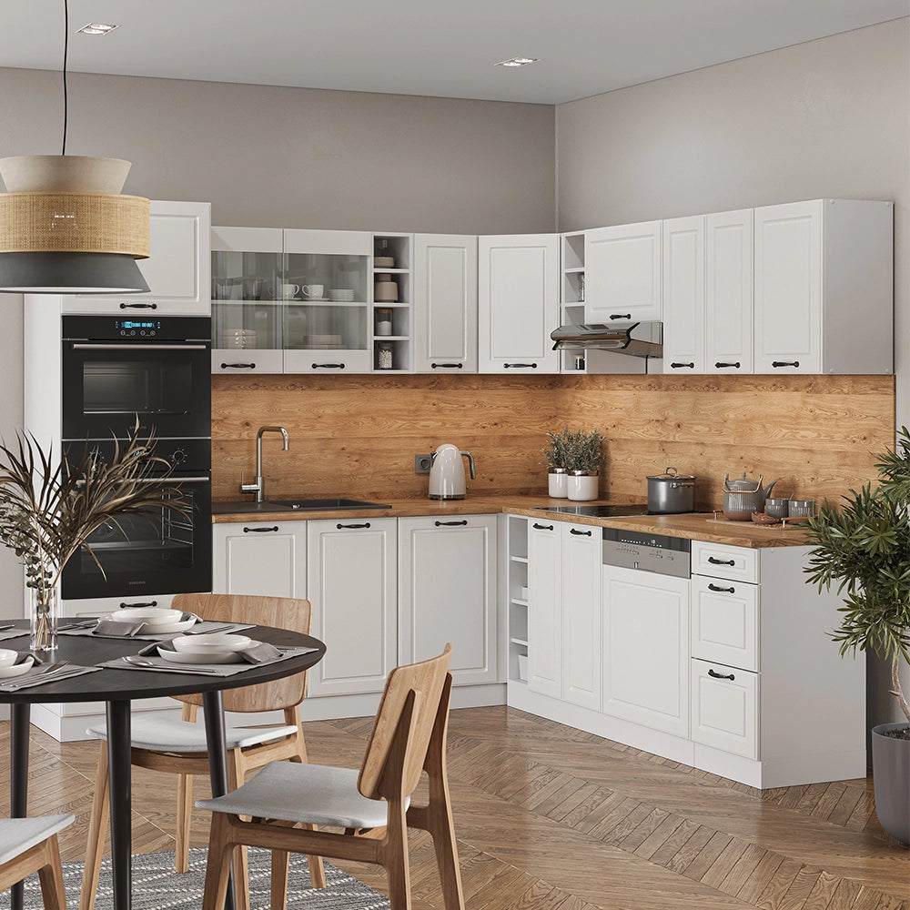 Cucina angolare completa R-Line Bianco rustico/Bianco 247 x 237 cm, PL Antracite Vicco