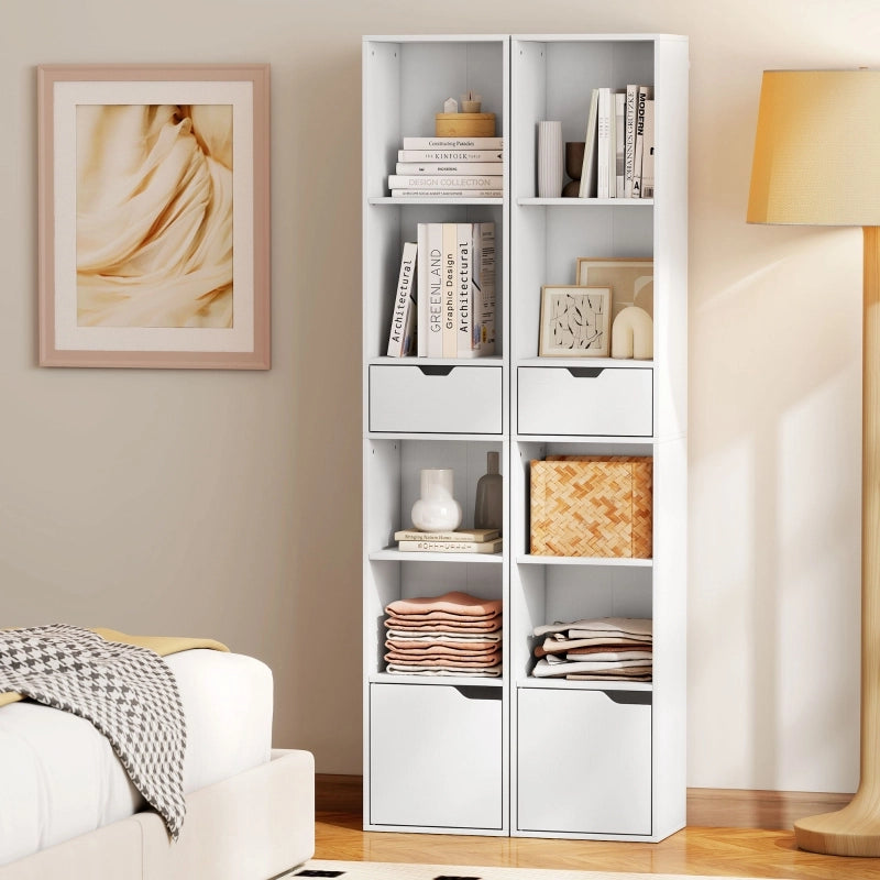 Libreria stretta bianca con 4 vani aperti, cassetto e ante, struttura in truciolare, 30 cm
