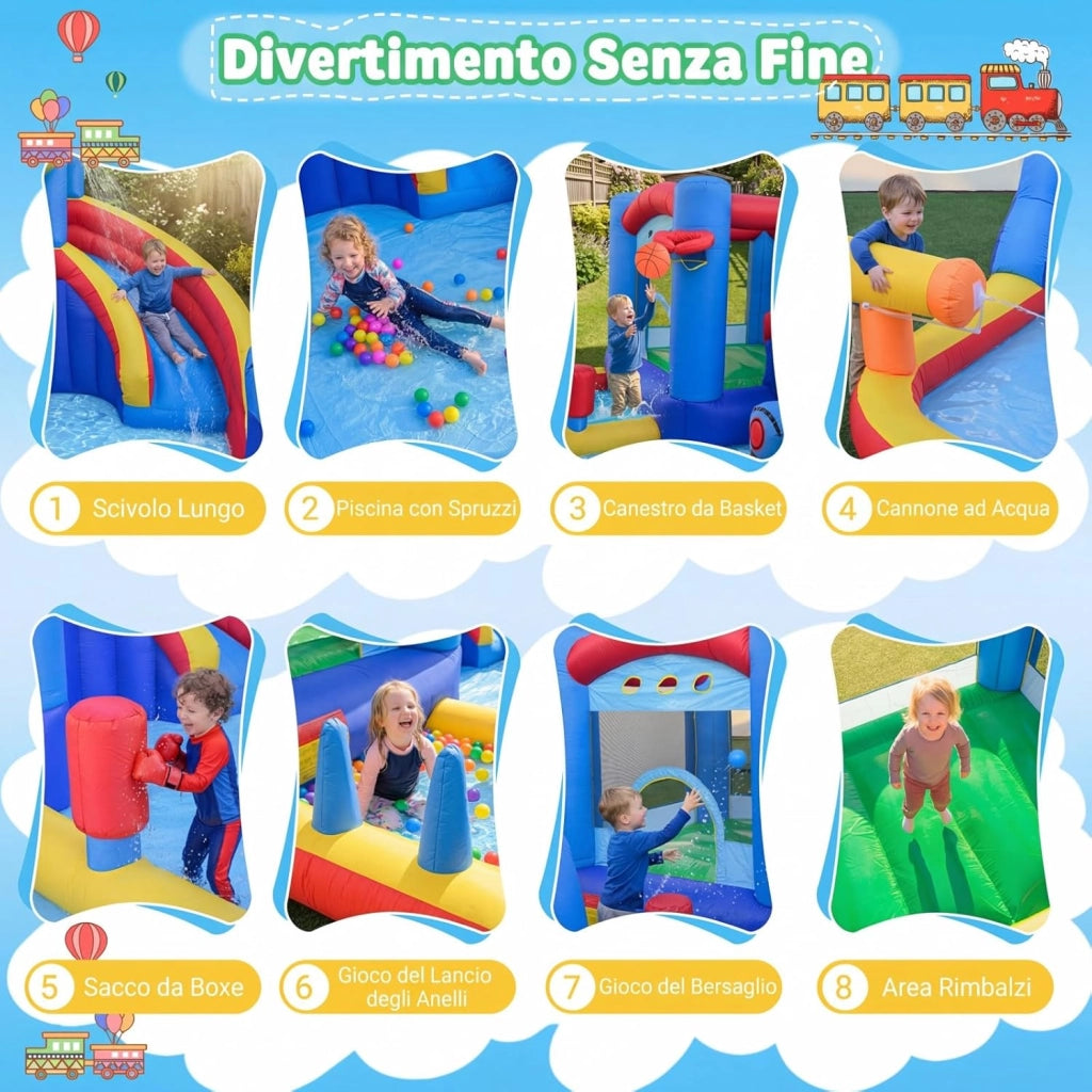 Castello Gonfiabile per Bambini, Casa Gonfiabile con Piscina, Cannone d'Acqua, Gioco con Anelli, Gioco a Bersaglio e Parete d'Arrampicata, Parco Acquatico da 3-12 Anni per Esterno