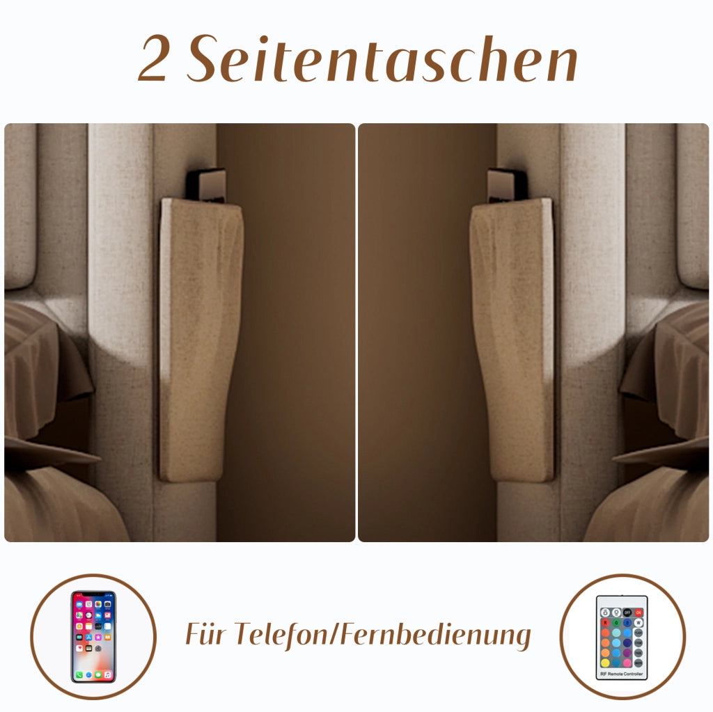 Letto matrimoniale 140x200 cm con LED; USB-C e contenitore; beige