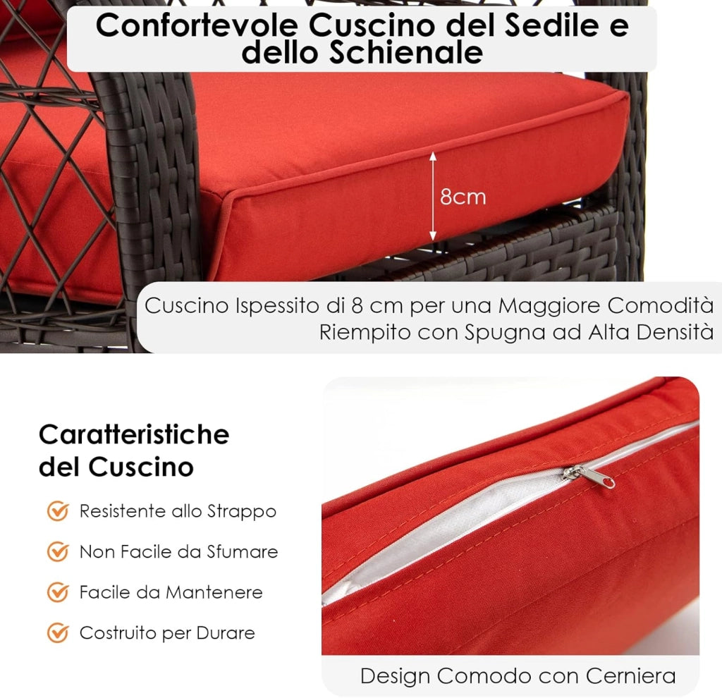 Sedia a Dondolo in Rattan per Cortile, Poltrona da Esterno con Cuscini Morbidi, Struttura in Acciaio Resistente, Sedile Ergonomico per Piscina Balcone Giardino, Carico Massimo 110 kg