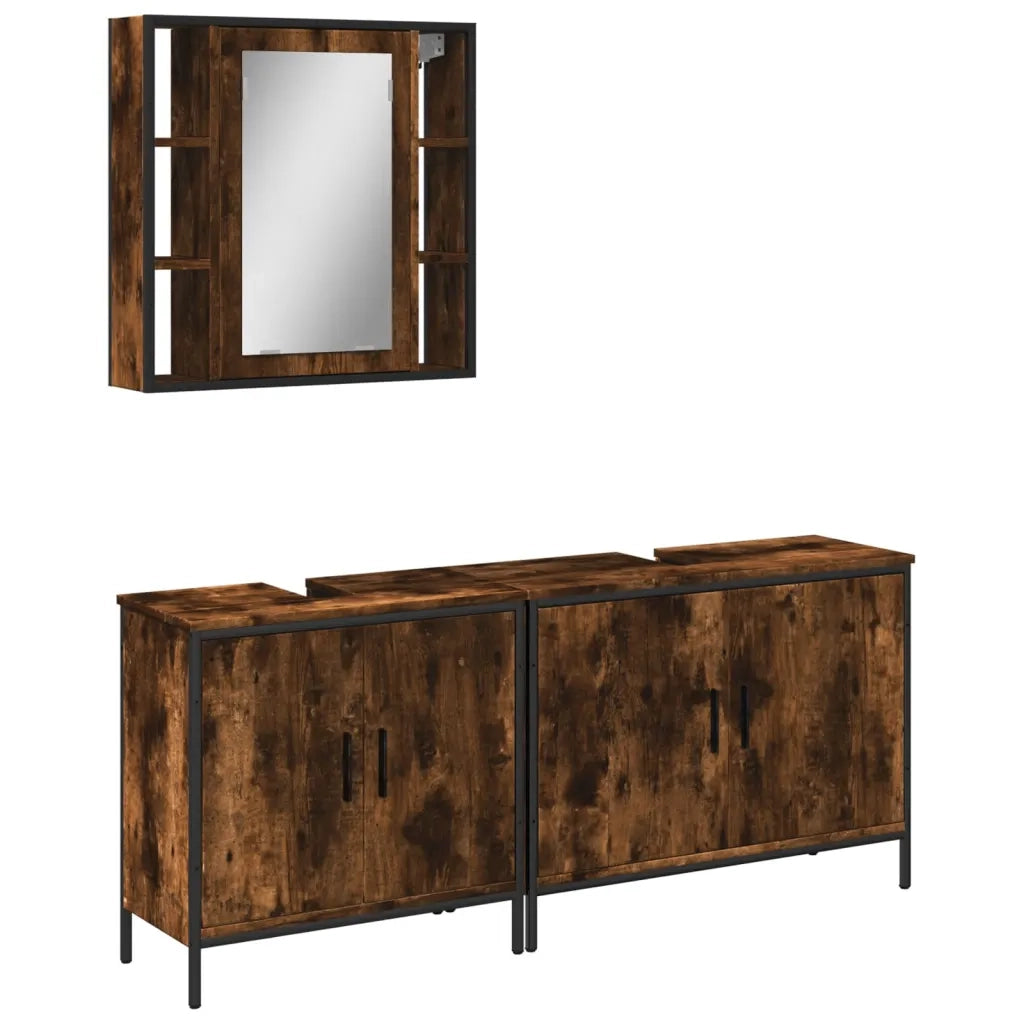 Set Mobili da Bagno | Armadio da bagno 3 pz Rovere Fumo in Legno Multistrato