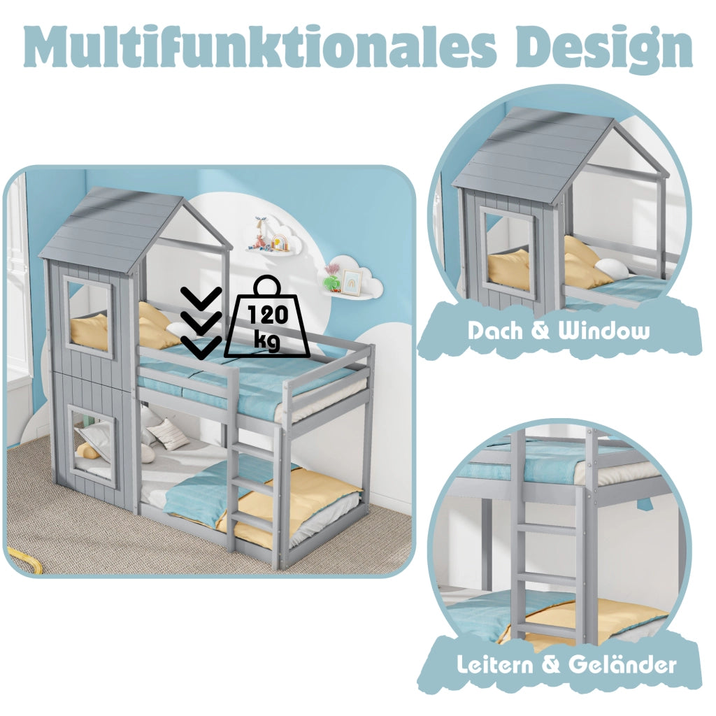 Letto a castello funzionale in pino grigio 90x200 cm