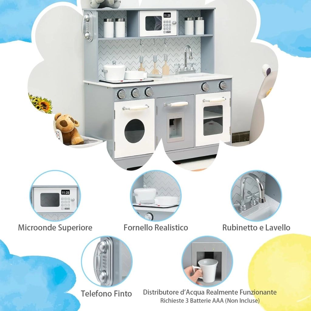 Cucina giocattolo per bambini, Cucina per Bambini in Legno con Lavandino, Telefono, Forno a microonde e Distributore d'Acqua, con Luci e Suoni Realistici, 3 Anni+