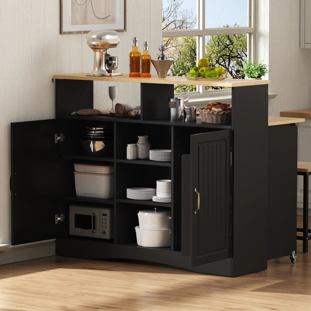 Isola Cucina con Ruote e Piano Allungabile ¨C MINIMAL ¨C Nero, con Sedie e Contenitore