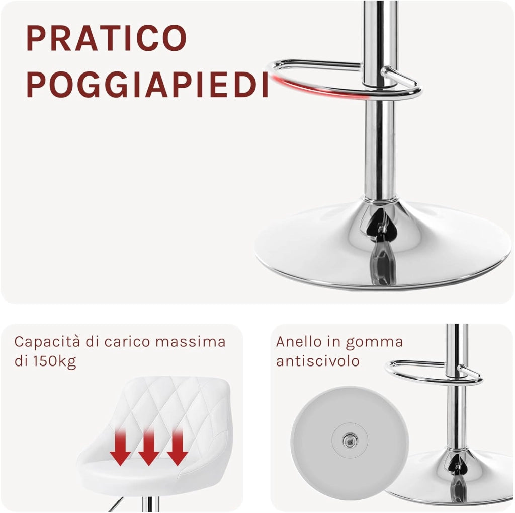 Sgabello da Bar Moderno Girevole Sedia Cucina Alta con Schienale Quadrato Poggiapiedi Senza Braccioli Altezza Regolabile in PU Bianco 1 Pezzo