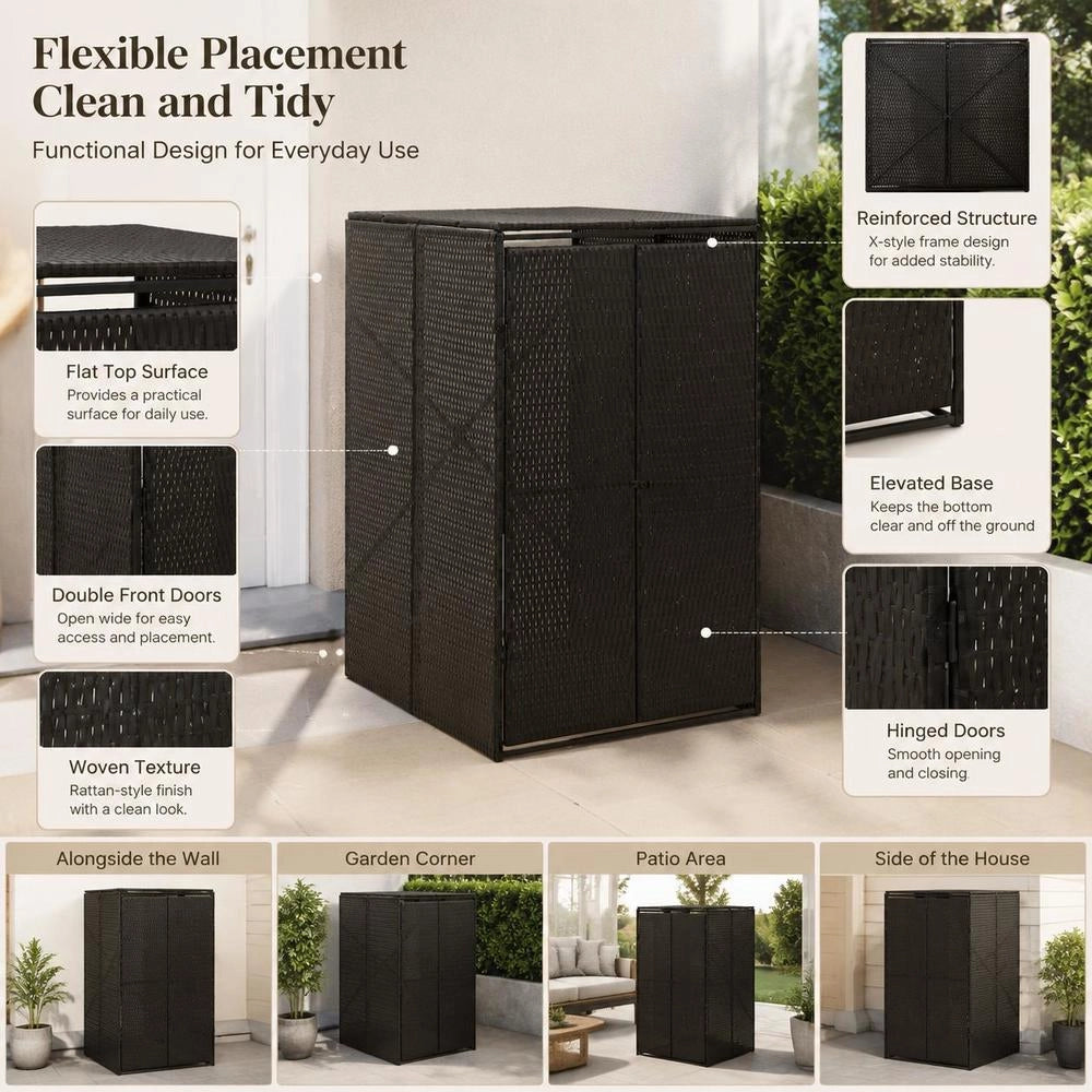 Bin Storage Unit For 1 Bin, Black, 70x80x117 Cm, Poly Rattan