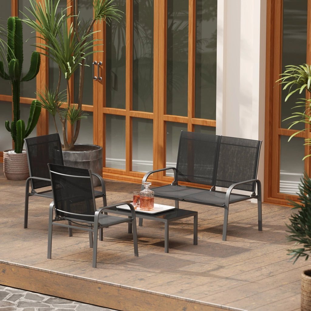 Set da Giardino 4 Pezzi con Divano 2 Sedie e Tavolino Basso con Piano in Vetro Rivestimento in Textilene Nero