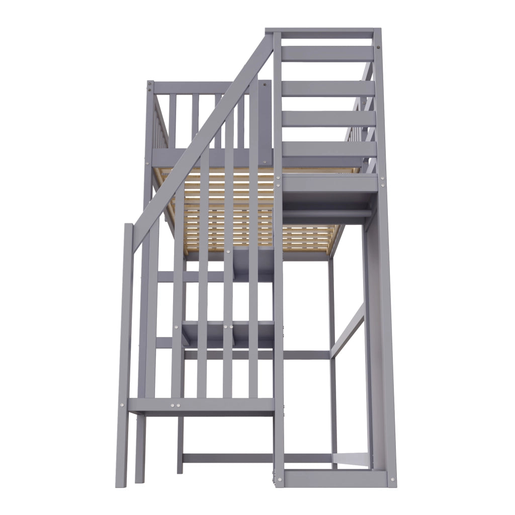 Letto a soppalco singolo 90×200 cm con scala; armadio e ripiani; senza materasso; legno; grigio