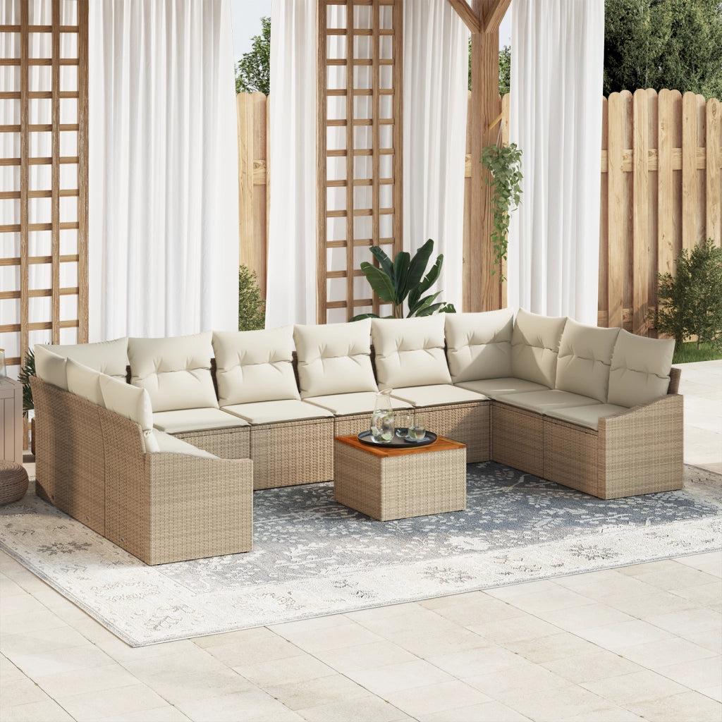 Set Divano da Giardino 11 Pezzi con Cuscini Beige in Polyrattan Acacia
